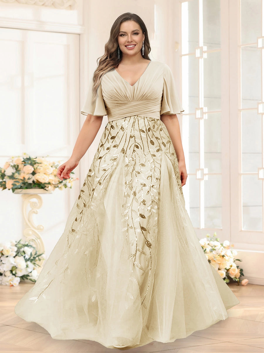 Elegant Dusty-Blue A-Line V-Neck Flutter-Sleeve Zip-Back Floor-Length Mother of the Bride Dress