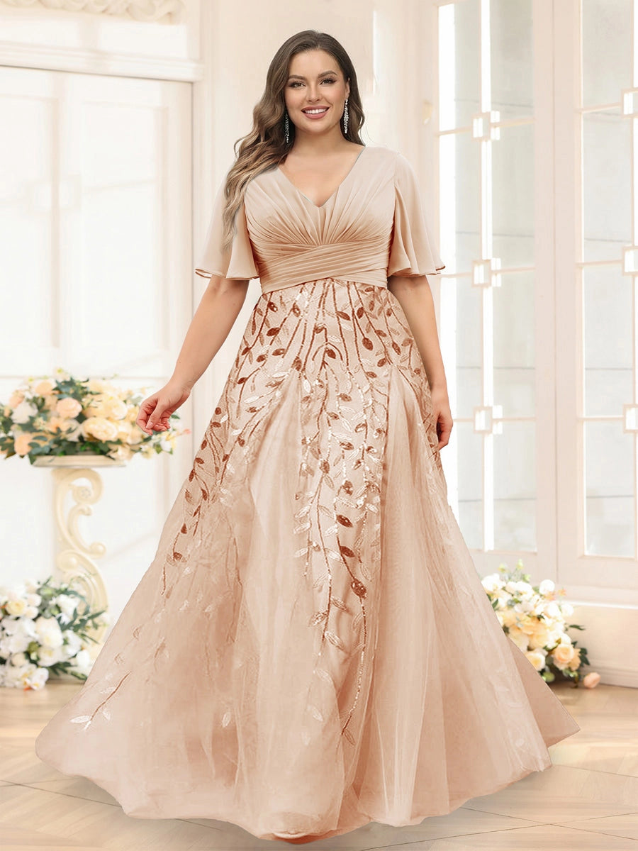 Elegant Dusty-Blue A-Line V-Neck Flutter-Sleeve Zip-Back Floor-Length Mother of the Bride Dress