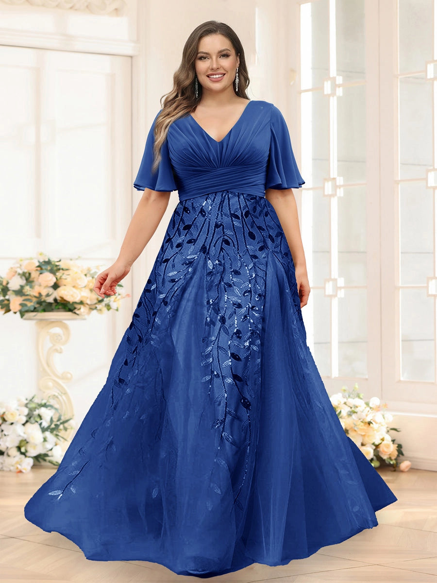 Elegant Dusty-Blue A-Line V-Neck Flutter-Sleeve Zip-Back Floor-Length Mother of the Bride Dress
