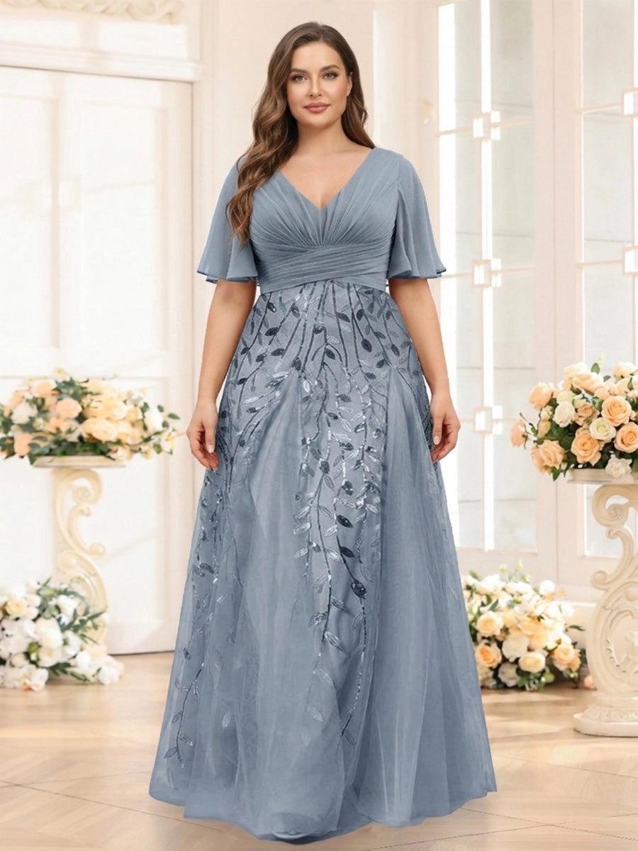 Loverlm dusty blue A-line mother of the bride dress front view with pleated V-neck, flutter sleeves, botanical embroidered skirt and floor-length hem