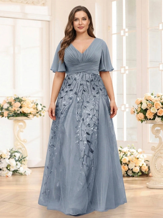 Loverlm dusty blue A-line mother of the bride dress front view with pleated V-neck, flutter sleeves, botanical embroidered skirt and floor-length hem