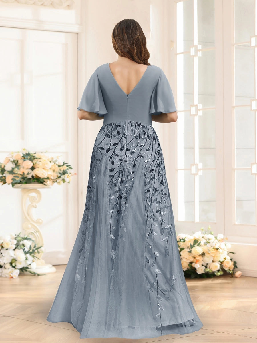 Elegant Dusty-Blue A-Line V-Neck Flutter-Sleeve Zip-Back Floor-Length Mother of the Bride Dress