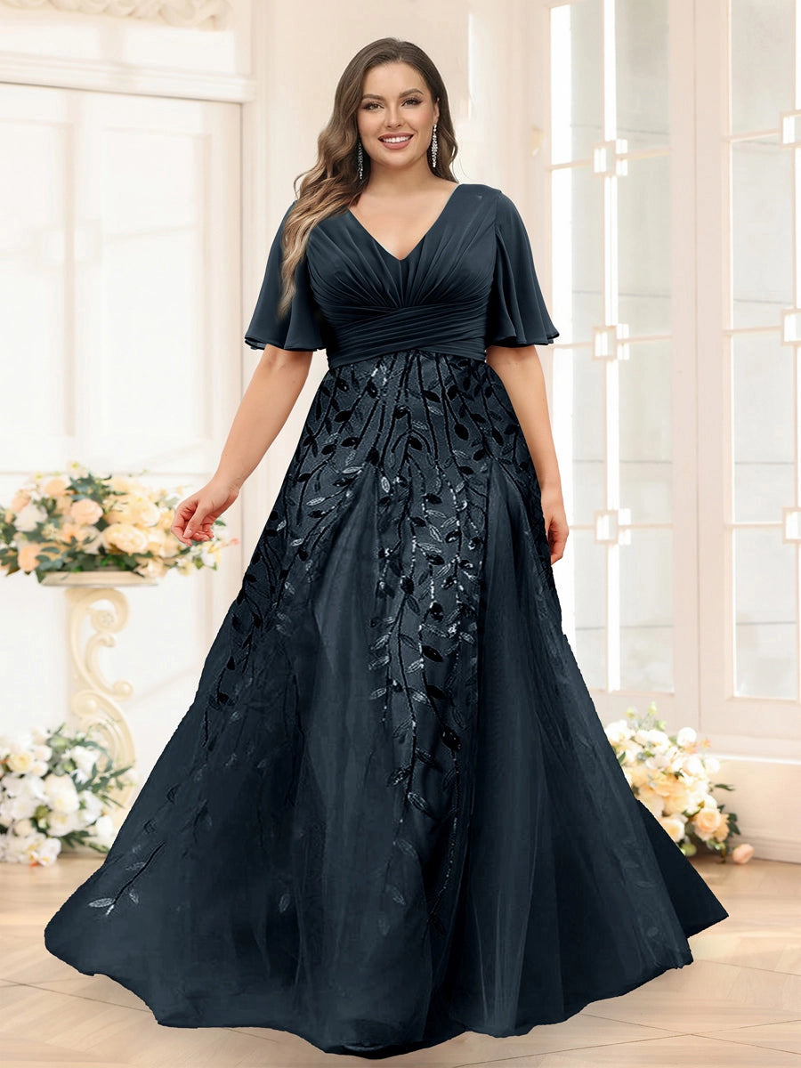 Elegant Dusty-Blue A-Line V-Neck Flutter-Sleeve Zip-Back Floor-Length Mother of the Bride Dress