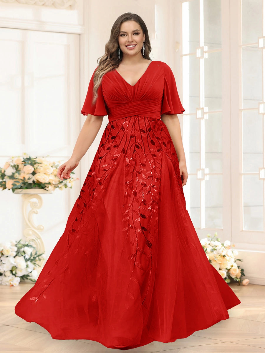 Elegant Dusty-Blue A-Line V-Neck Flutter-Sleeve Zip-Back Floor-Length Mother of the Bride Dress