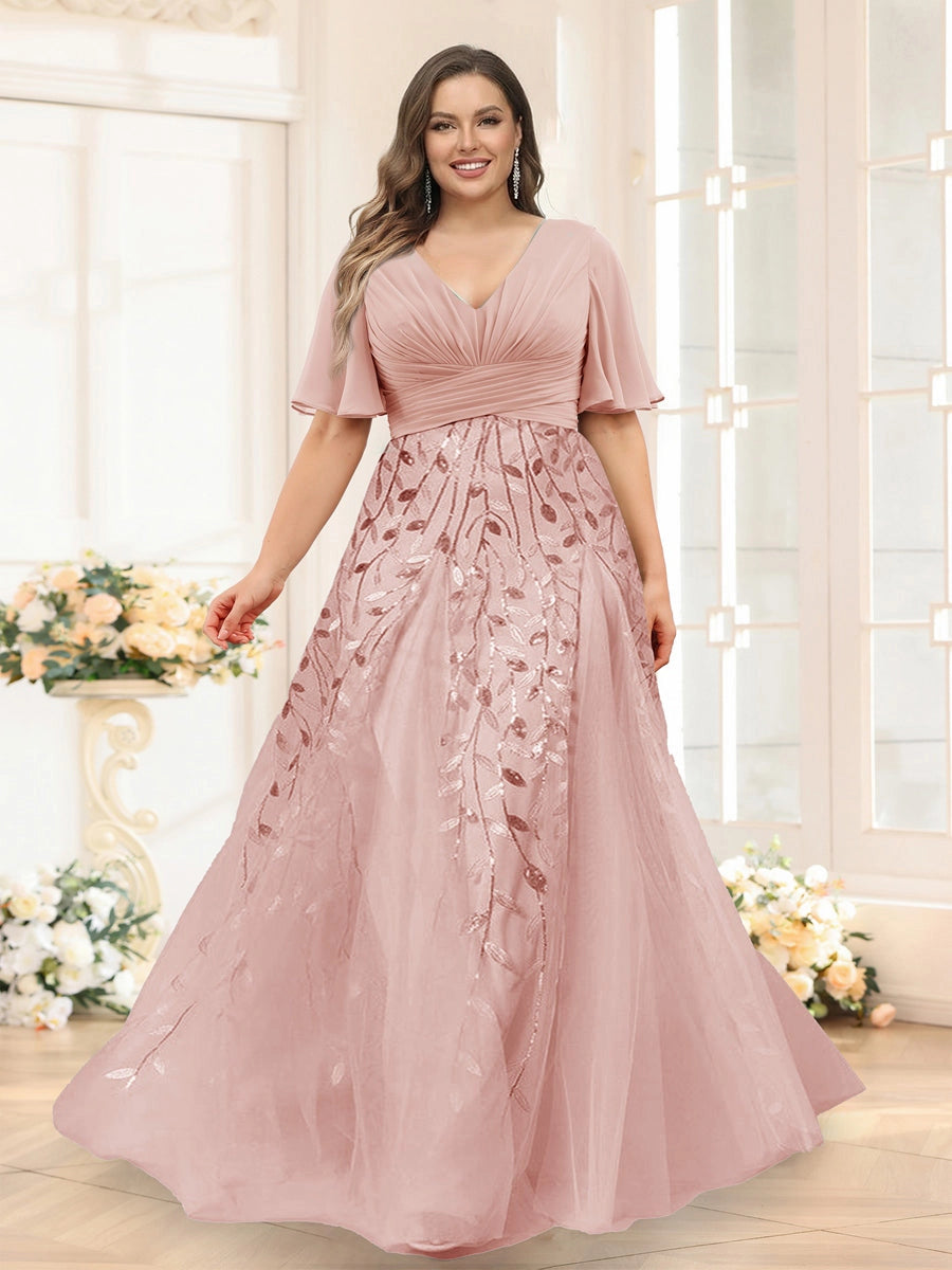 Elegant Dusty-Blue A-Line V-Neck Flutter-Sleeve Zip-Back Floor-Length Mother of the Bride Dress