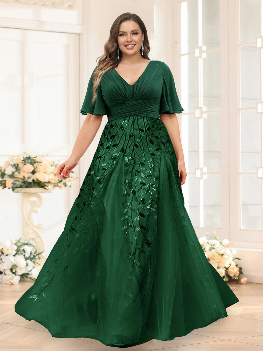 Elegant Dusty-Blue A-Line V-Neck Flutter-Sleeve Zip-Back Floor-Length Mother of the Bride Dress