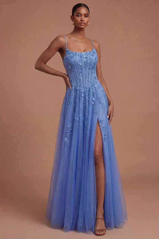 Loverlm dusty blue A-line prom dress with scoop neckline, spaghetti straps, floral lace appliqués, corset-style bodice and thigh-high slit, front view
