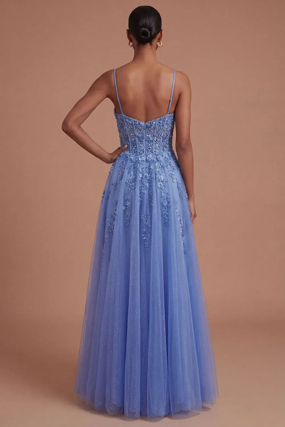 Enchanting A-Line Scoop-Neck Spaghetti-Strap Low-Back Floor-Length Floral Prom Dress
