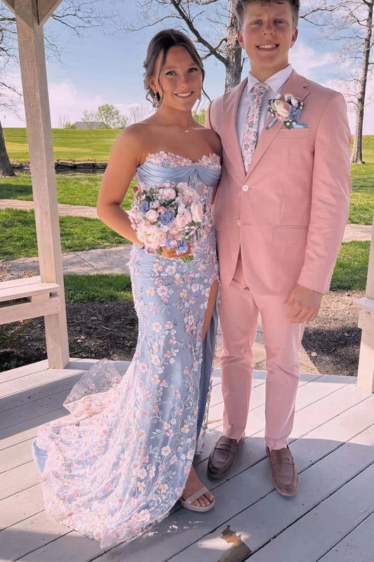 Front view of Loverlm dusty blue mermaid prom dress with a strapless sweetheart bodice, pink floral lace and a thigh-high slit.