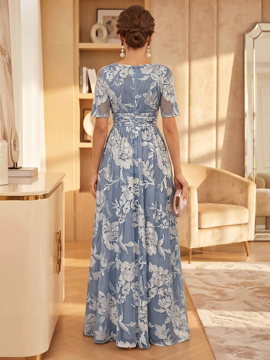 Elegant A Line V Neck Elbow Sleeve Closed Back Floral Floor Length Mother of the Bride Dress