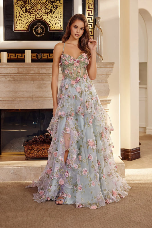 Loverlm dusty blue floral sweetheart A-line floor-length prom dress front view