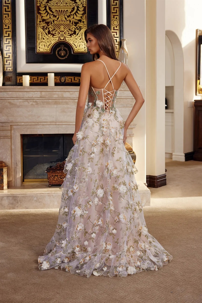 Romantic A-Line Sweetheart Spaghetti-Strap Lace-Up Floral Floor-Length Prom Dress