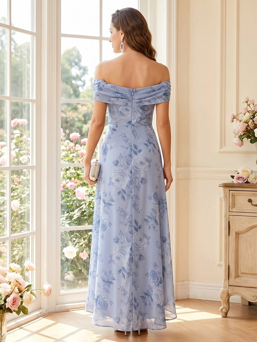 Elegant A-Line Off-Shoulder Draped-Sleeve Zip-Back High-Low Mother of the Bride Dress