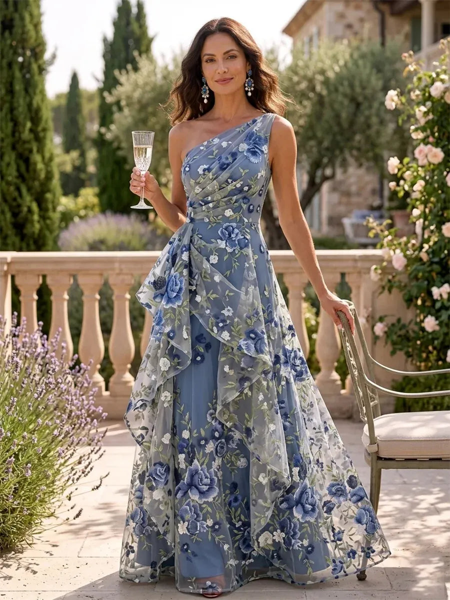 Romantic Tulle A-Line One-Shoulder Sleeveless Asymmetric-Back Floor-Length Mother of the Bride Dress
