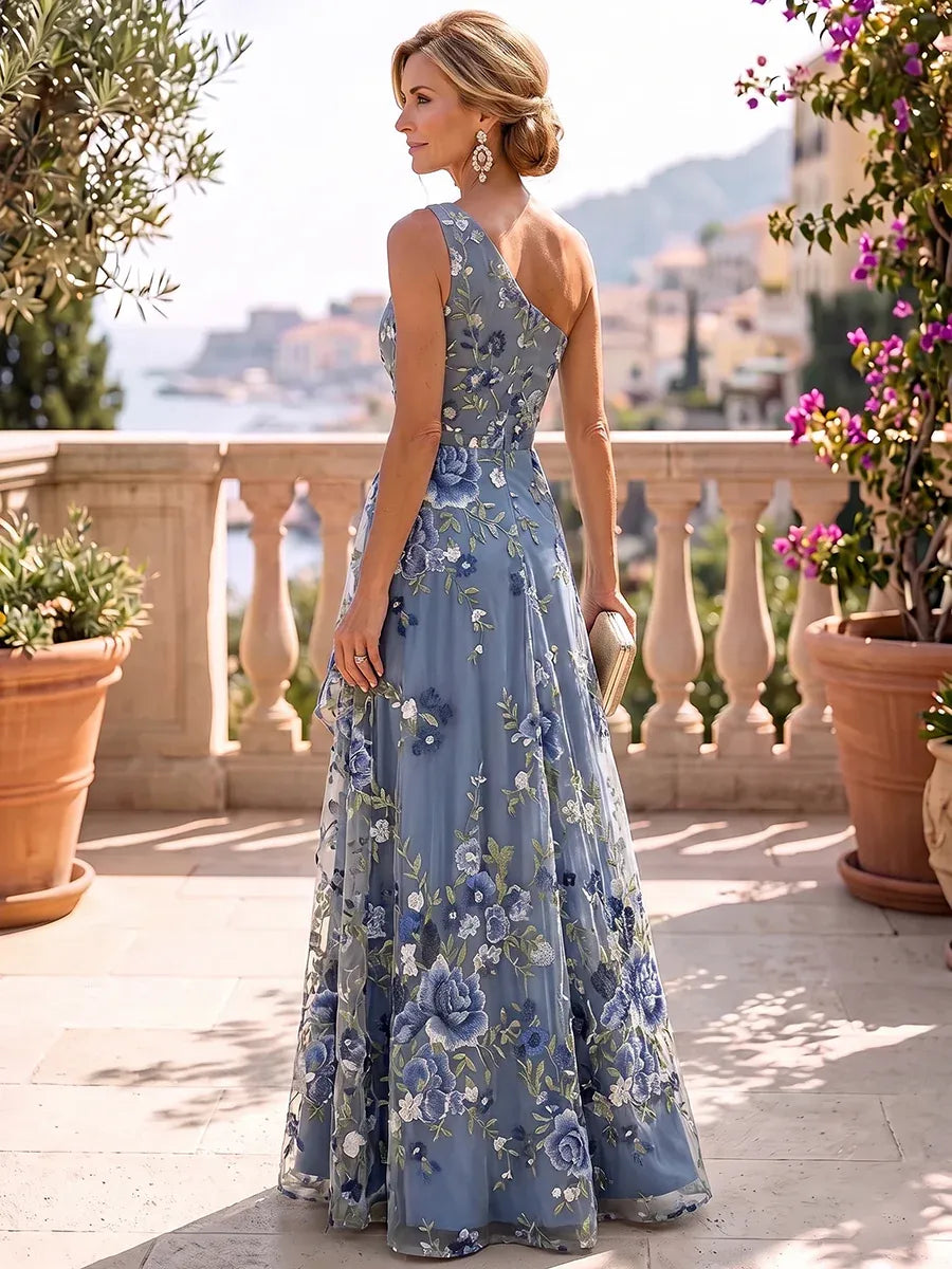 Romantic Tulle A-Line One-Shoulder Sleeveless Asymmetric-Back Floor-Length Mother of the Bride Dress
