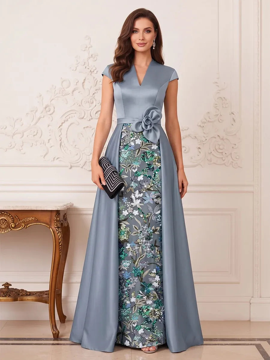 Loverlm dusty blue mother of the bride dress front view with V-notch neckline, cap sleeves, rose waist detail and floral sequin center panel