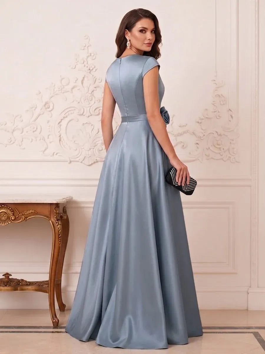 Elegant A-Line V Neck Cap Sleeve Zipper Back Floor Length Mother of the Bride Dress