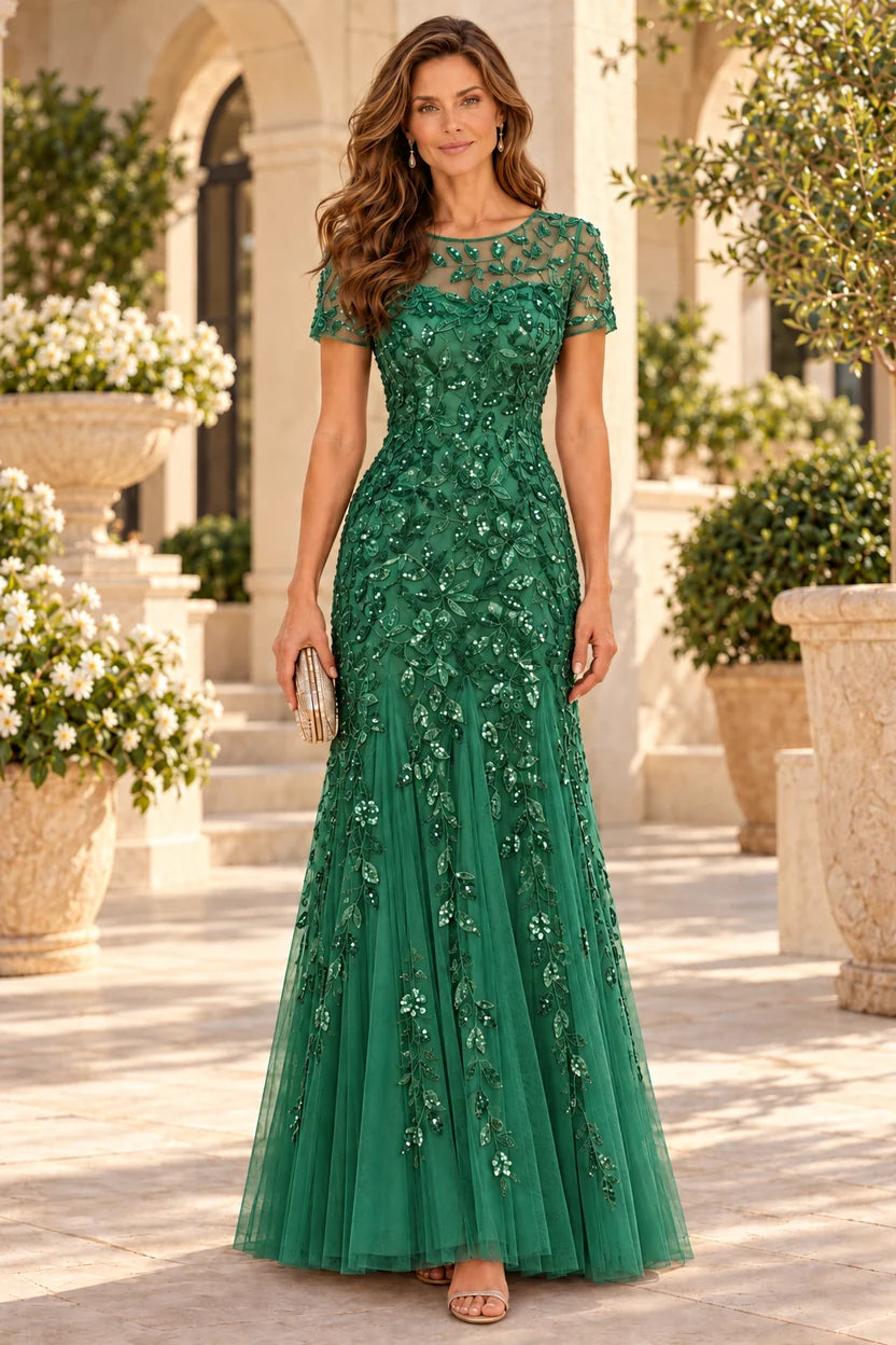 Elegant Mermaid Illusion Neck Short Sleeve Tulle Floor-Length Mother of the Bride Dress