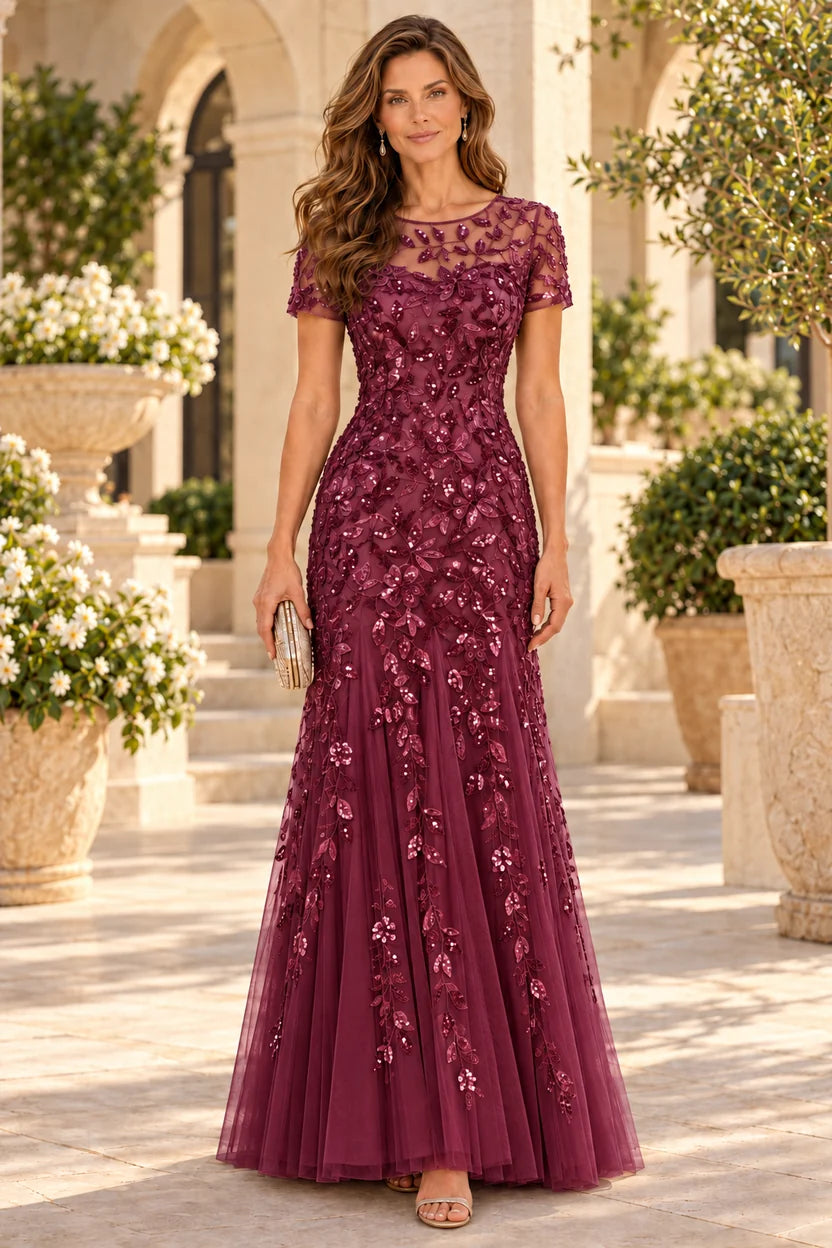 Elegant Mermaid Illusion Neck Short Sleeve Tulle Floor-Length Mother of the Bride Dress