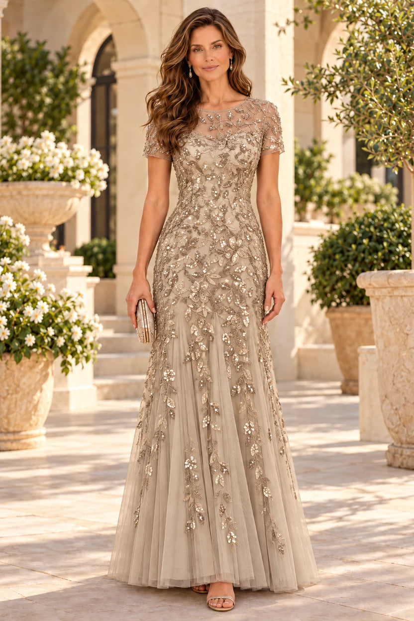 Elegant Mermaid Illusion Neck Short Sleeve Tulle Floor-Length Mother of the Bride Dress