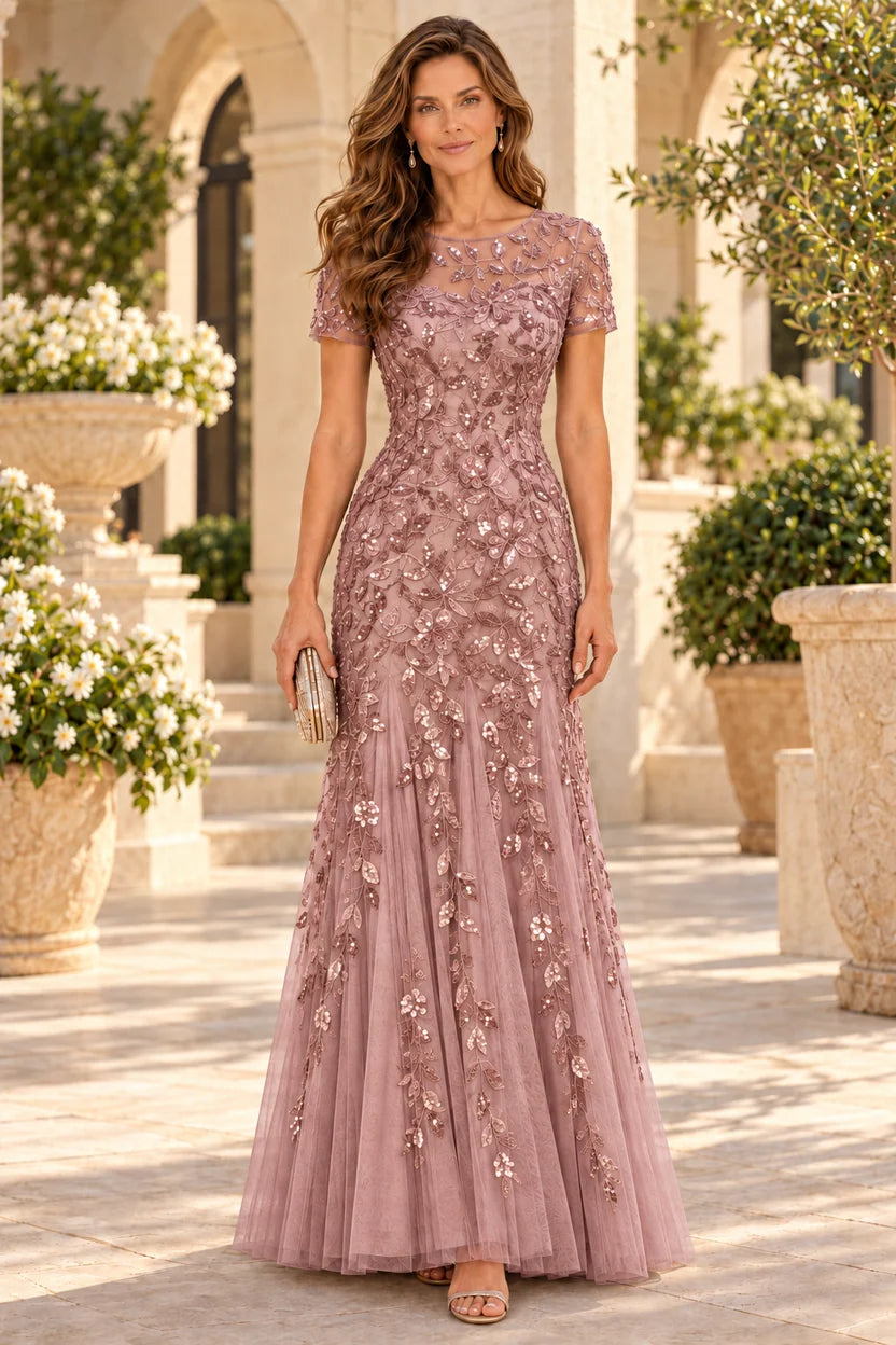 Elegant Mermaid Illusion Neck Short Sleeve Tulle Floor-Length Mother of the Bride Dress