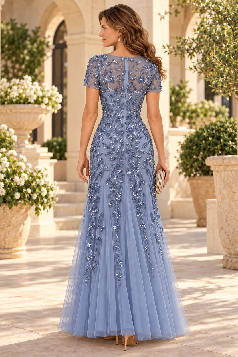 Elegant Mermaid Illusion Neck Short Sleeve Tulle Floor-Length Mother of the Bride Dress
