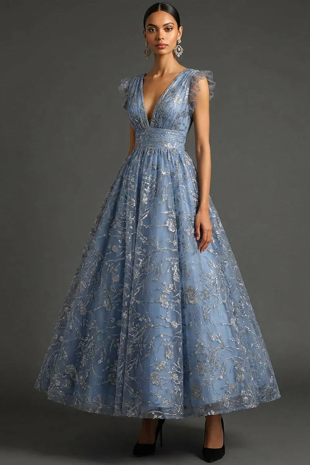 Loverlm dusty blue A-line evening dress with plunging V-neckline, flutter sleeves, silver floral detailing and ankle-length skirt