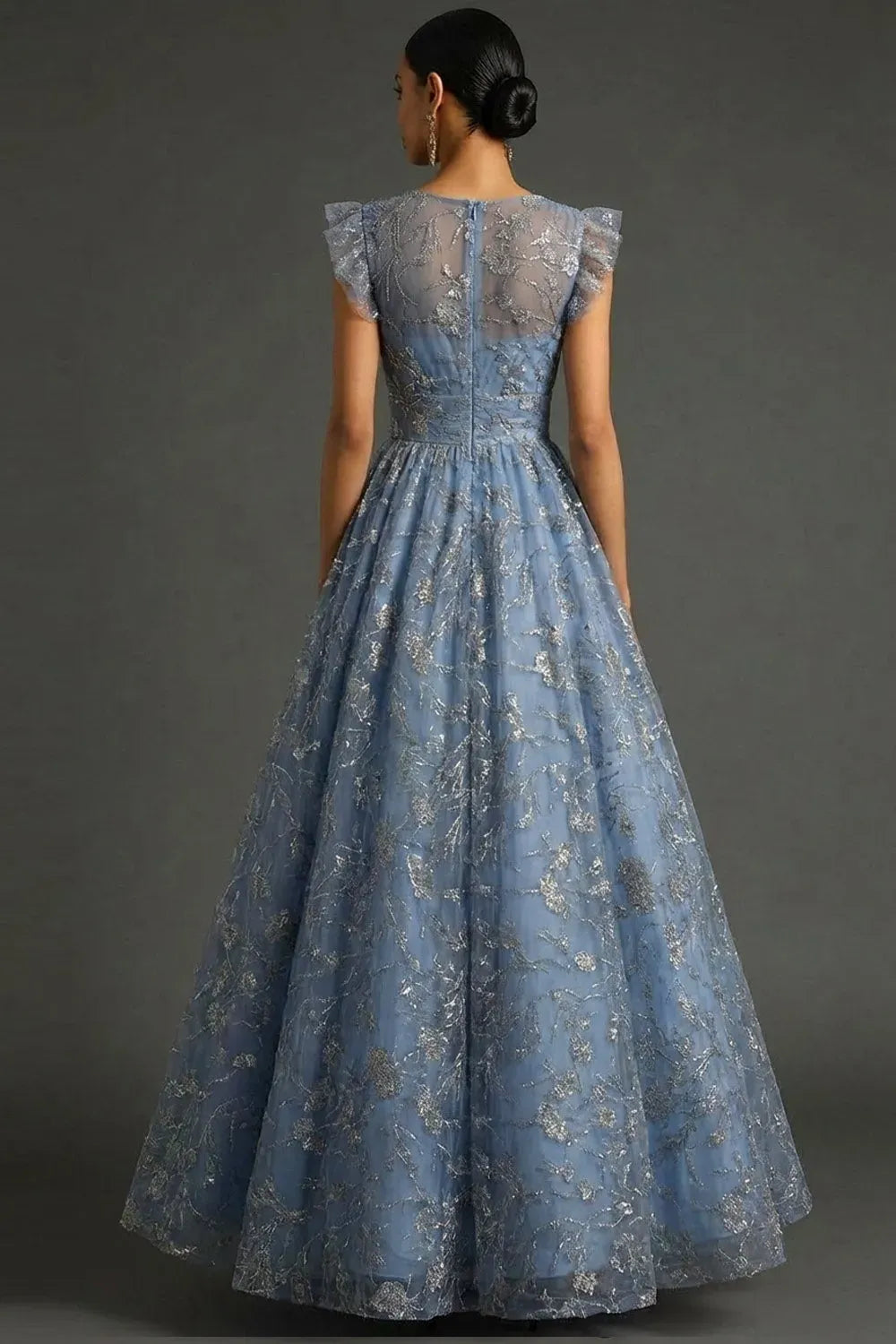 Elegant A-Line V-Neck Flutter Sleeve Illusion Back Ankle-Length Evening Dress