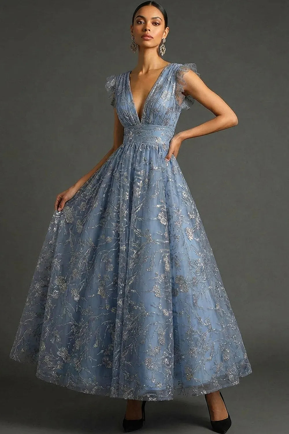 Elegant A-Line V-Neck Flutter Sleeve Illusion Back Ankle-Length Evening Dress