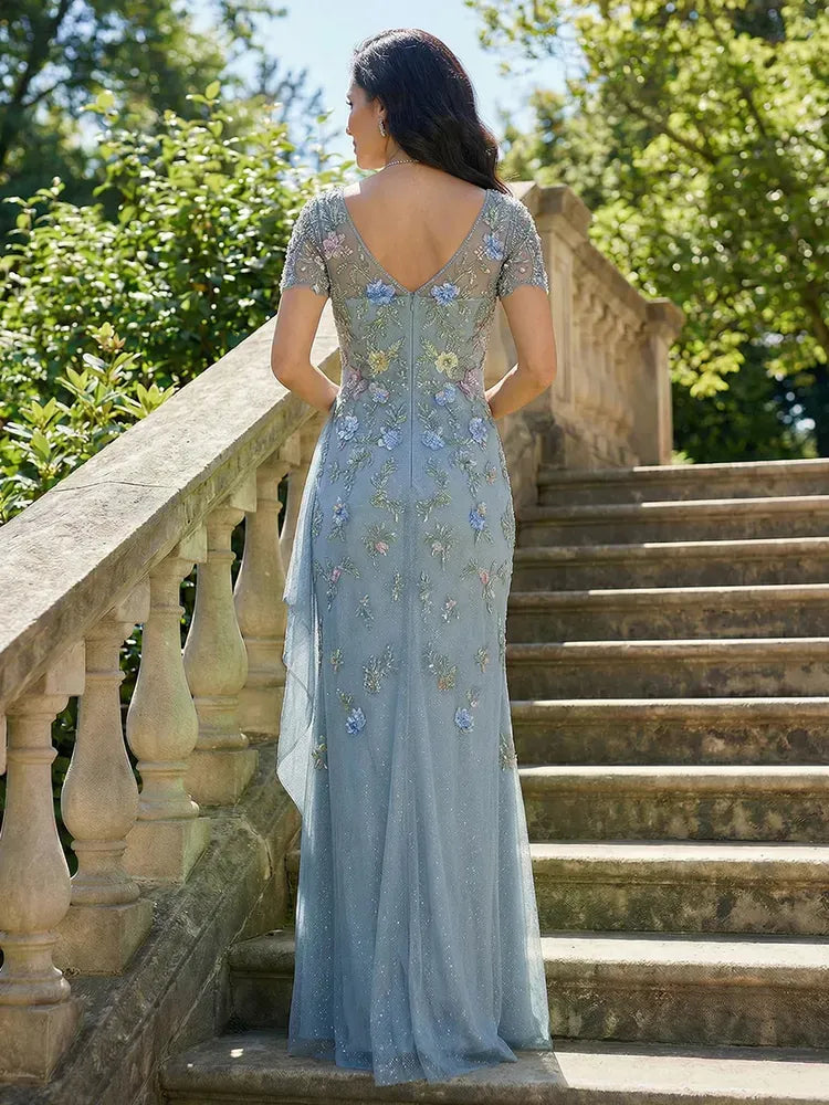 Elegant Sheath V-Neck Short-Sleeve Tulle Floor-Length Mother of the Bride Dress