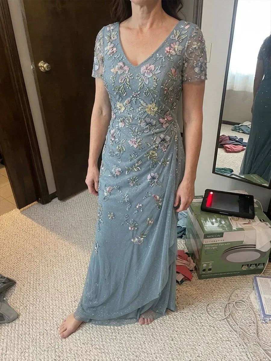 Elegant Sheath V-Neck Short-Sleeve Tulle Floor-Length Mother of the Bride Dress