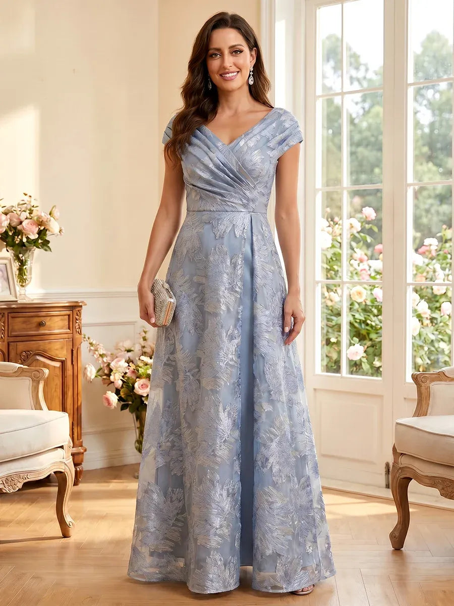 Elegant A-Line V-Neck Cap Sleeve Zipper Back Floor-Length Mother of the Bride Dress