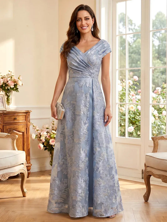 Elegant A-Line V-Neck Cap Sleeve Zipper Back Floor-Length Mother of the Bride Dress