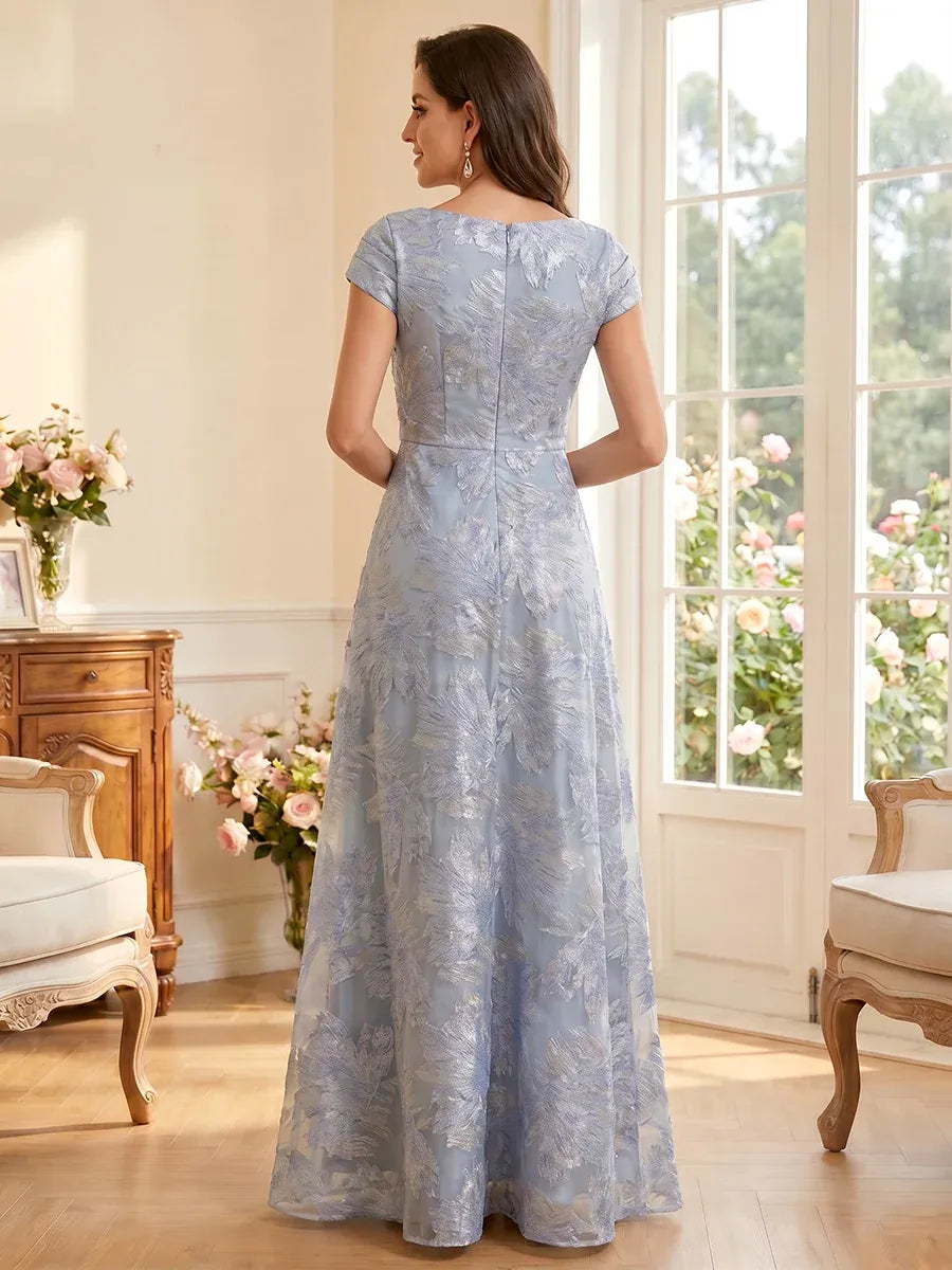 Elegant A-Line V-Neck Cap Sleeve Zipper Back Floor-Length Mother of the Bride Dress