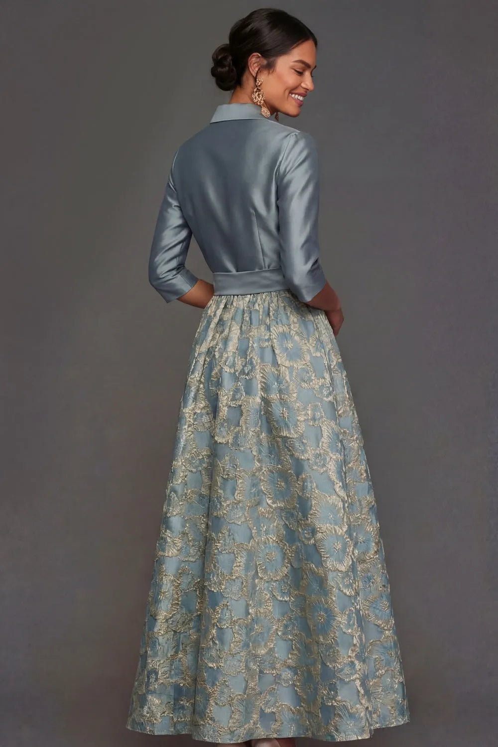 Elegant A-Line Collared Three Quarter Sleeve Closed Back Midi Mother of the Bride Dress