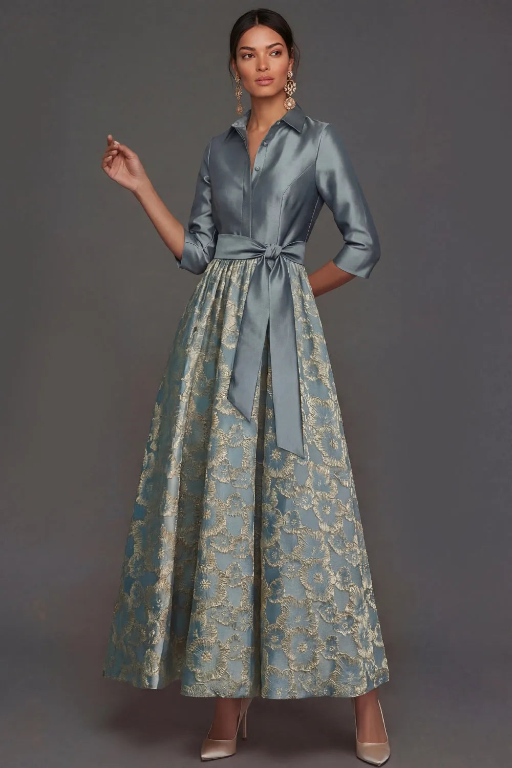 Elegant A-Line Collared Three Quarter Sleeve Closed Back Midi Mother of the Bride Dress