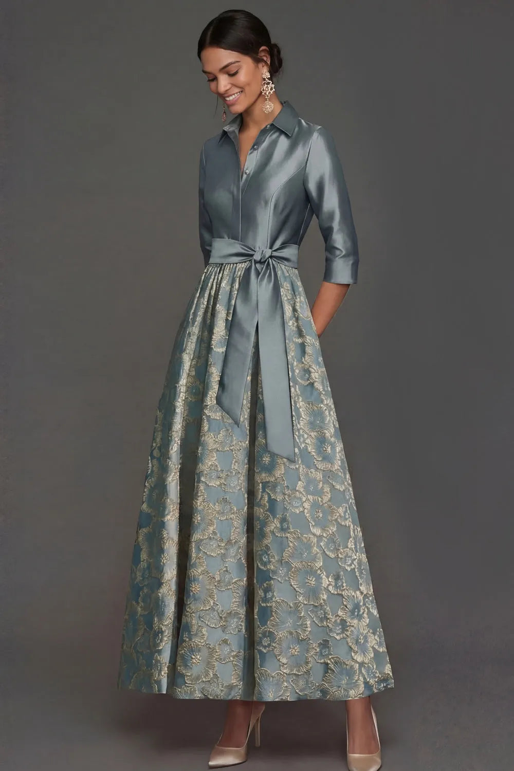 Elegant A-Line Collared Three Quarter Sleeve Closed Back Midi Mother of the Bride Dress