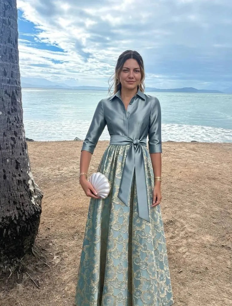 Elegant A-Line Collared Three Quarter Sleeve Closed Back Midi Mother of the Bride Dress