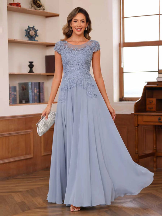 Loverlm dusty blue A-line mother of the bride dress with floral lace bodice, illusion neckline, cap sleeves and floor-length skirt front view