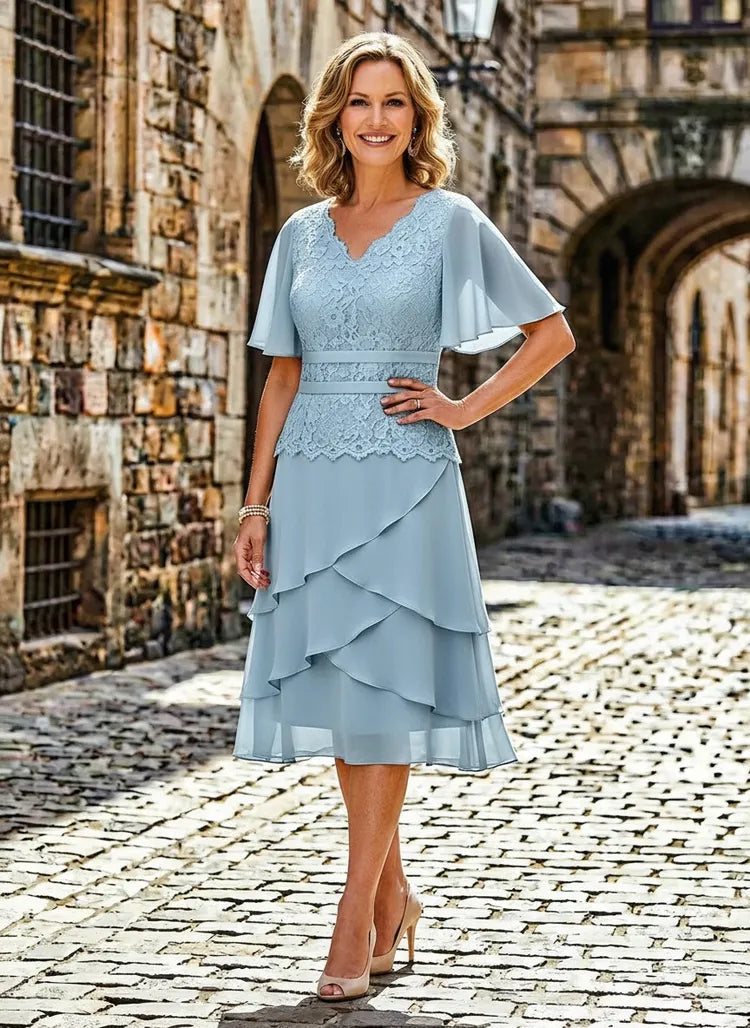 Loverlm dusty blue Mother of the Bride dress with V-neck lace bodice cape sleeves tiered chiffon skirt and tea-length hem