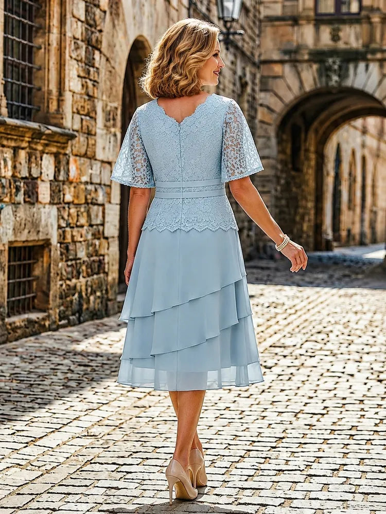 Elegant A-Line V-Neck Cape-Sleeve Lace Chiffon Mother of the Bride Dress