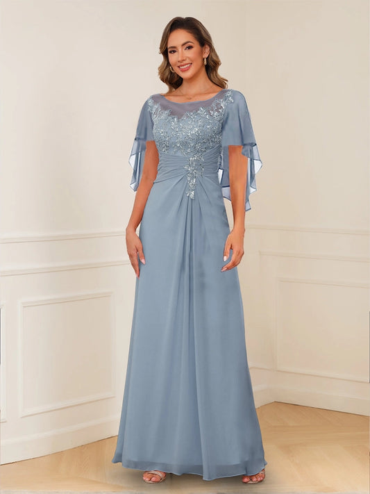 Loverlm dusty blue A-line mother of the bride dress front view with floral lace illusion neckline, draped cape sleeves, ruched waist and floor-length skirt