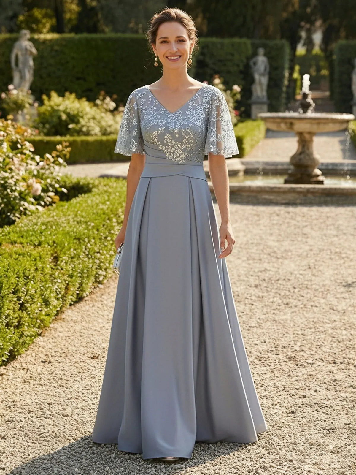 Loverlm dusty blue mother of the bride dress with V-neck embellished lace flutter sleeves defined waist and floor-length A-line skirt