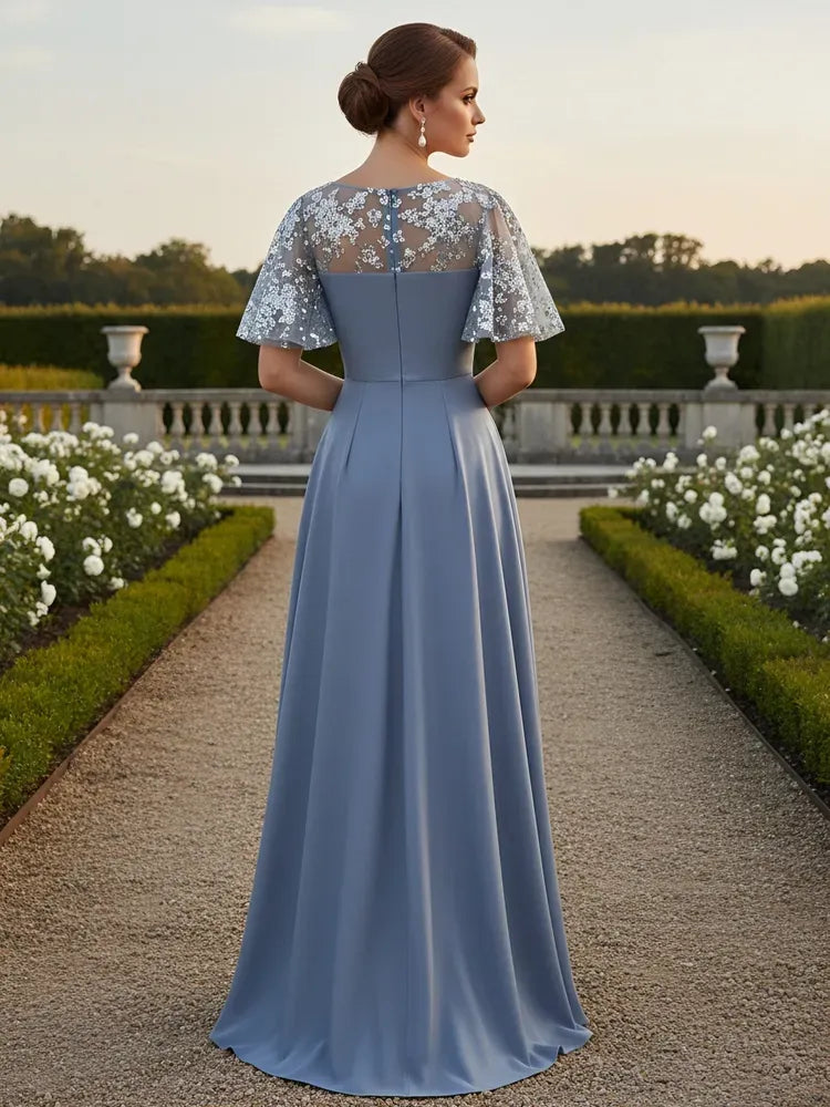 Elegant A-Line V-Neck Flutter-Sleeve Closed-Back Floor-Length Mother of Bride Dress
