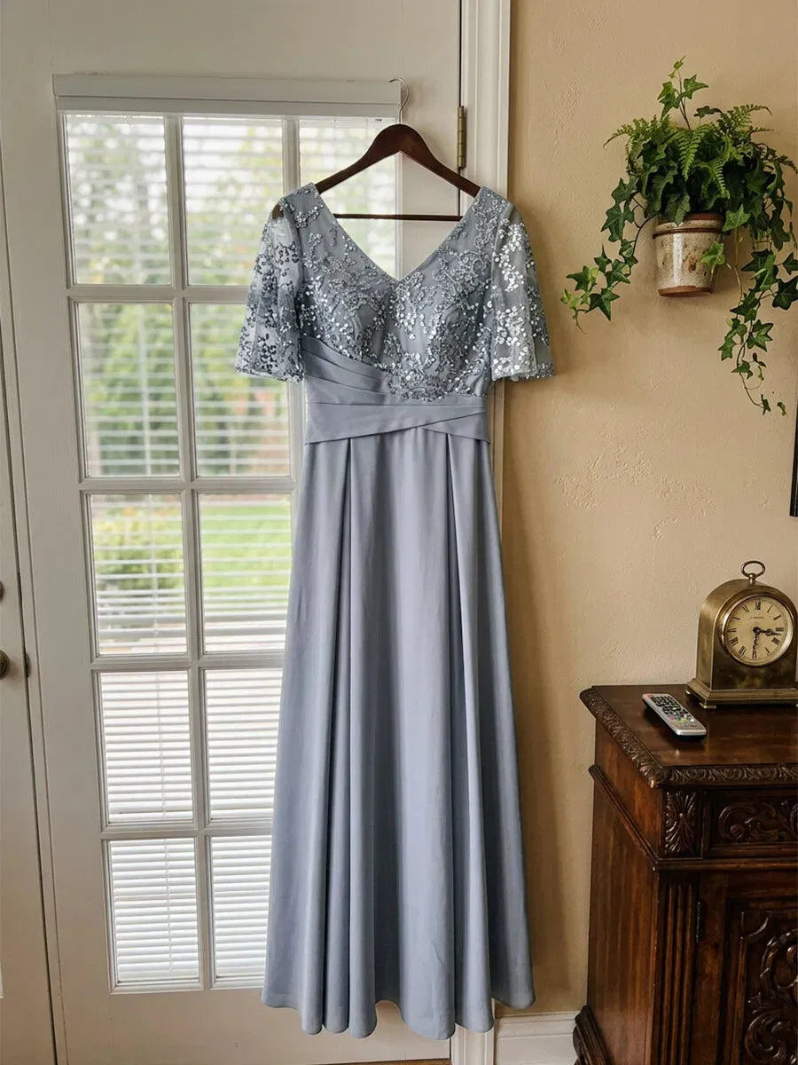 Elegant A-Line V-Neck Flutter-Sleeve Closed-Back Floor-Length Mother of Bride Dress