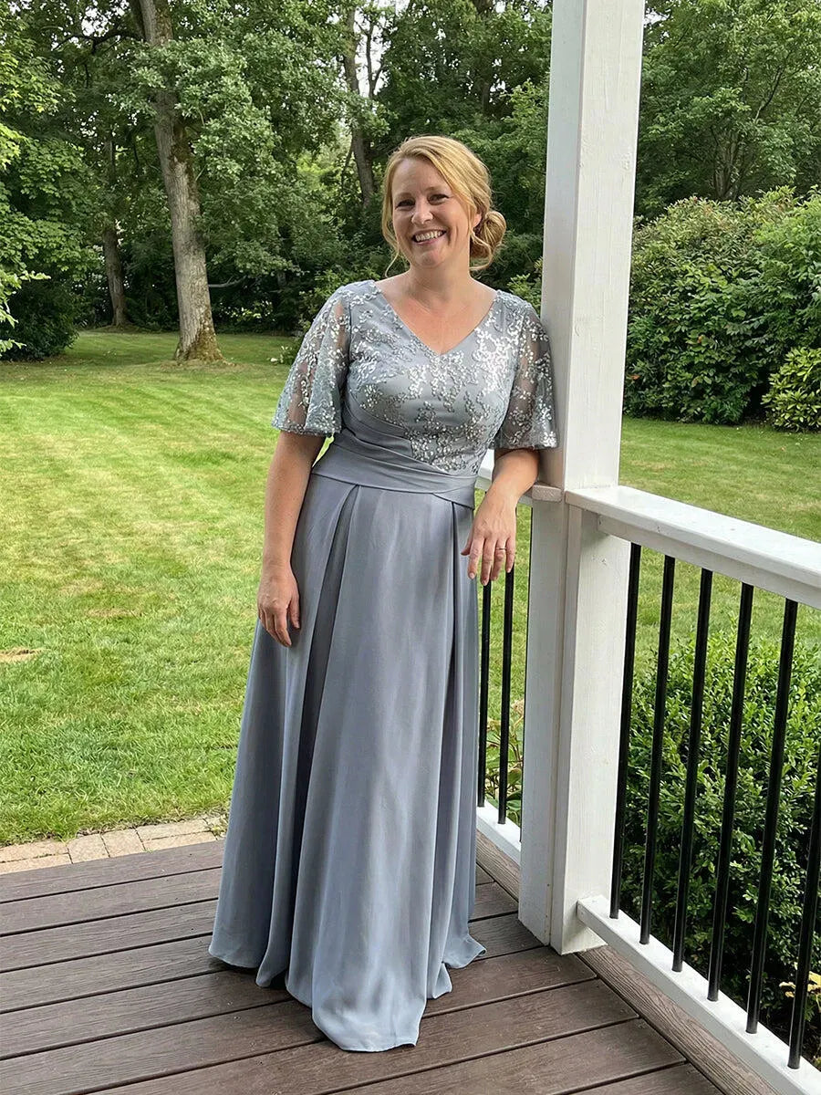 Elegant A-Line V-Neck Flutter-Sleeve Closed-Back Floor-Length Mother of Bride Dress