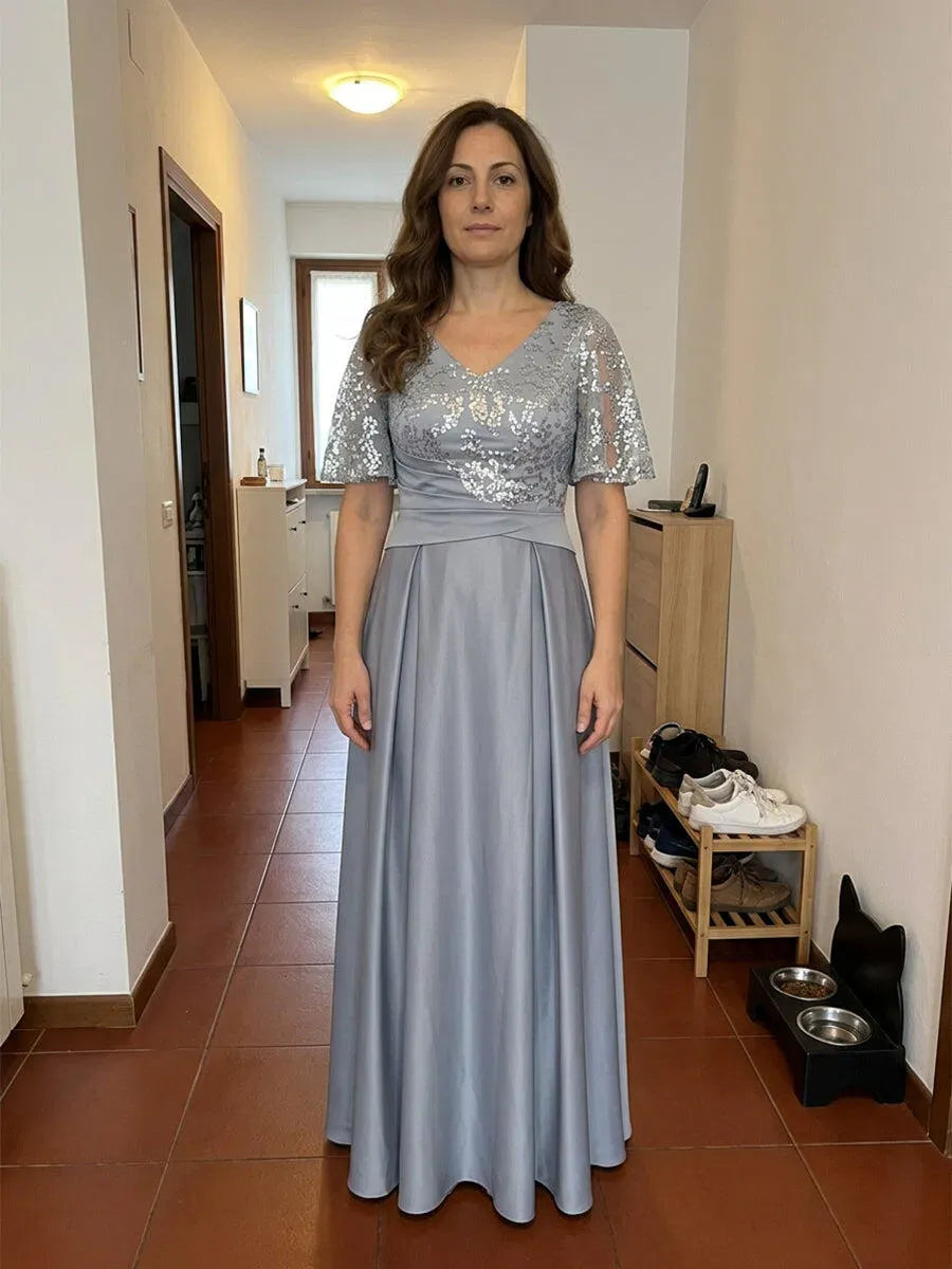 Elegant A-Line V-Neck Flutter-Sleeve Closed-Back Floor-Length Mother of Bride Dress
