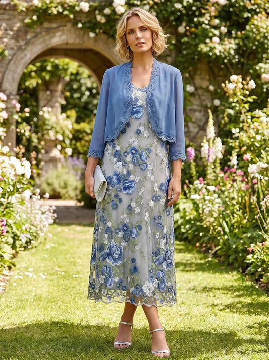 Loverlm dusty blue floral lace Mother of the Bride dress with cropped jacket three-quarter sleeves and midi skirt