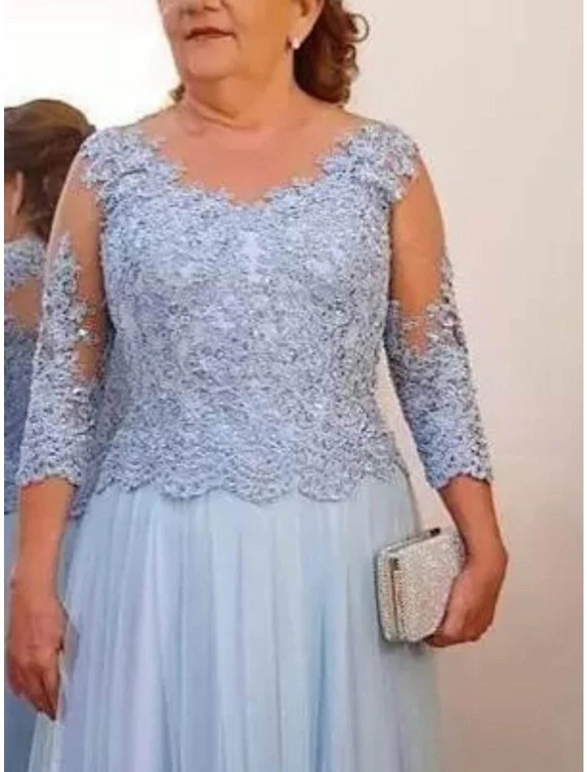 Elegant A-Line Scoop Neck Three Quarter Sleeve Illusion Back Lace Floor Length Mother of the Bride Dress
