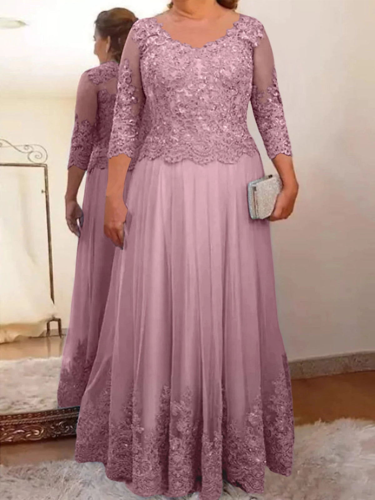 Elegant A-Line Scoop Neck Three Quarter Sleeve Illusion Back Lace Floor Length Mother of the Bride Dress